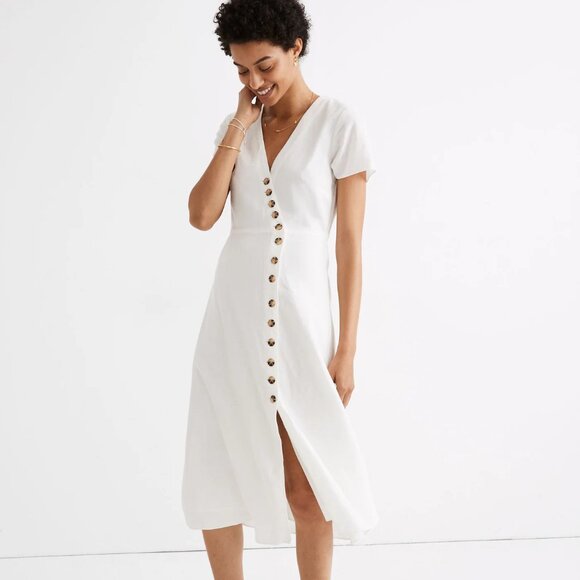 Madewell Linen-Blend Button-Wrap Midi Dress in White - Picture 2 of 5